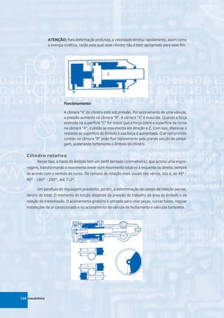 ATENÇÃO: Para deformação profunda, a velocidade diminui rapidamente, assim como
                  a energia cinética, razão pela qual esse cilindro não é bem apropriado para esse fim.




                           Funcionamento:

                           A câmara "A" do cilindro está sob pressão. Por acionamento de uma válvula,
                           a pressão aumenta na câmara "B". A câmara "A" é exaurida. Quando a força
                           exercida na superfície "C" for maior que a força sobre a superfície da coroa
                           na câmara "A", o pistão se movimenta em direção a Z. Com isso, libera-se o
                           restante da superfície do êmbolo e sua força é aumentada. O ar comprimido
                           contido na câmara "B" pode fluir rapidamente pela grande secção de passa-
                           gem, acelerando fortemente o êmbolo do cilindro.


   Cilindro rotativo
          Nesse tipo, a haste do êmbolo tem um perfil dentado (cremalheira), que aciona uma engre-
   nagem, transformando o movimento linear num movimento rotativo à esquerda ou direita, sempre
   de acordo com o sentido do curso. Os campos de rotação mais usuais são vários, isto é, de 45° -
   90° - 180° - 290°, até 710°.

          Um parafuso de regulagem possibilita, porém, a determinação do campo de rotação parcial,
   dentro do total. O momento de torção depende da pressão de trabalho da área do êmbolo e da
   relação de transmissão. O acionamento giratório é utilizado para virar peças, curvar tubos, regular
   instalações de ar condicionado e no acionamento de válvula de fechamento e válvulas borboleta.




116 mecatrônica
 