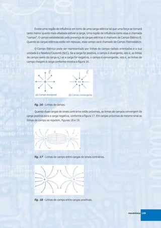 Existe uma região de influência em tomo de uma carga elétrica tal que uma força se tornará
tanto menor quanto mais afastada estiver a carga. Uma região de influência como essa é chamada
“campo”. O campo estabelecido pela presença de cargas elétricas é chamado de Campo Elétrico E.
Quando as cargas elétricas estão em repouso, esse campo será chamado de Campo Eletrostático.

      O Campo Elétrico pode ser representado por linhas de campo radiais orientadas e a sua
unidade é o Newton/Coulomb (N/C). Se a carga for positiva, o campo é divergente, isto é, as linhas
de campo saem da carga e,) se a carga for negativa, o campo é convergente, isto é, as linhas de
campo chegam à carga conforme mostra a figura 16.




      fig. 16 - Linhas de campo.

      Quando duas cargas de sinais contrários estão próximas, as linhas de campos convergem da
carga positiva para a carga negativa, conforme a figura 17. Em cargas próximas de mesmo sinal as
linhas de campo se repelem, figuras 18 e 19.




      fig. 17 - Linhas de campo entre cargas de sinais contrários.




      fig. 18 - Linhas de campo entre cargas positivas.



                                                                                      mecatrônica 149
 