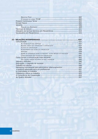 NEGATIVE FORM ............................................................................. 602
              O PASSADO DO VERBO TO BE .............................................................. 603
        Present Continuous Tense .................................................................... 603
        Simple Future ..................................................................................... 605
        Adverbs ............................................................................................ 606
              POSIÇÃO DOS ADVÉRBIOS .................................................................... 609
        Técnicas de leitura ............................................................................. 611
        Glossário de termos técnicos em Mecatrônica .......................................... 614
        Vocabulário em Mecatrônica ................................................................. 615



  23 – RELAÇÕES INTERPESSOAIS ................................................................ 637
       Comunicação ..................................................................................... 637
              A COMUNICAÇÃO NAS EMPRESAS ............................................................. 637
              ALGUNS CANAIS QUE ATRAPALHAM A COMUNICAÇÃO ......................................... 637
              FLUXOS DE COMUNICAÇÃO ................................................................... 638
              PLANEJAMENTO DAS AÇÕES DE COMUNICAÇÃO ................................................ 639
              POSTURAS .................................................................................... 639
              SOBRE AS DIFERENÇAS ENTRE AS PESSOAS: OUTRO MÉTODO DE AVALIAÇÃO ................ 640
              CARACTERIZAÇÃO DOS ESTILOS DE COMUNICAÇÃO ........................................... 641
       Como tornar a comunicação mais eficiente ............................................. 643
              DEZ RAZÕES PORQUE FALHAMOS EM NOS COMUNICAR ........................................ 645
       Valores e Atitudes ............................................................................... 646
       Motivação: o segredo do sucesso ......................................................... 647
       Trabalho em equipe ............................................................................. 648
       Marketing Interpessoal para administrar relacionamentos ........................... 649
        A postura adequada para um profissional ............................................... 651
       A criatividade no trabalho .................................................................... 651
       Cidadania e ética no trabalho ............................................................... 653
       A Consciência da Cooperação ............................................................... 654
       As Quatro Atitudes ............................................................................. 657




16 mecatrônica
 