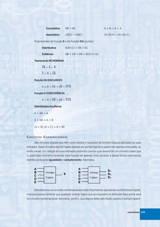 Comutativa       AB = BA                         A+B=B+A

                Associativa      (AB)C = A(BC)                   (A+B)+C = A+(B+C)

      Propriedades da Função E e da Função OU (juntas)

            Distributiva         A(B+C) = AB + AC

            Evidência            AB + CB + DB = B(A+C+D)

      Teorema de DE MORGAN

            AB = A + B

            A + B = AB

      Função OU EXCLUSIVO

            A ⊕ B = AB + AB = A B

      Função E COINCIDÊNCIA

            A    B = AB + AB = A⊕B

      Identidades Auxiliares

      A + AB = A

      A + AB = A + B

      (A + B) (A + C) = A + BC


C IRCUITOS C OMBINACIONAIS
      São circuitos digitais que têm como saídas o resultado de funções lógicas aplicadas às suas
entradas. Esses circuitos são formados apenas por portas lógicas e podem ter apenas uma saída, ou
então várias. Em relação às suas entradas podemos concluir que deverá ter um número maior que
1, pois caso contrário teríamos uma função de apenas uma variável e dessa forma estaríamos
restritos às funções igualdade e complemento. Exemplos:




      Estudaremos os circuitos combinacionais mais importantes que temos na Eletrônica Digital,
mas precisamos lembrar que qualquer arranjo lógico que se enquadre na definição feita acima será
um circuito combinacional. Acontece, porém, que alguns deles são muito usados e sempre apare-



                                                                                     mecatrônica 179
 