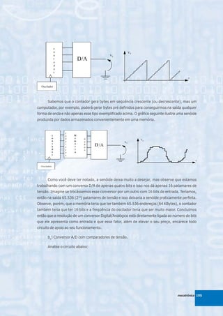 Sabemos que o contador gera bytes em seqüência crescente (ou decrescente), mas um
computador, por exemplo, poderá gerar bytes pré definidos para conseguirmos na saída qualquer
forma de onda e não apenas esse tipo exemplificado acima. O gráfico seguinte ilustra uma senóide
produzida por dados armazenados convenientemente em uma memória.




      Como você deve ter notado, a senóide deixa muito a desejar, mas observe que estamos
trabalhando com um converso D/A de apenas quatro bits e isso nos dá apenas 16 patamares de
tensão. Imagine se trocássemos esse conversor por um outro com 16 bits de entrada. Teríamos,
então na saída 65.536 (216) patamares de tensão e isso deixaria a senóide praticamente perfeita.
Observe, porém, que a memória teria que ter também 65.536 endereços (64 KBytes), o contador
também teria que ter 16 bits e a freqüência do oscilador teria que ser muito maior. Concluímos
então que a resolução de um conversor Digital/Analógico está diretamente ligada ao número de bits
que ele apresenta como entrada e que esse fator, além de elevar o seu preço, encarece todo
circuito de apoio ao seu funcionamento.

      b1) Conversor A/D com comparadores de tensão.

      Analise o circuito abaixo:




                                                                                     mecatrônica 195
 