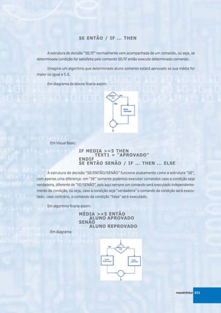 SE ENTÃO / IF ... THEN


      A estrutura de decisão “SE/IF” normalmente vem acompanhada de um comando, ou seja, se
determinada condição for satisfeita pelo comando SE/IF então execute determinado comando.

      Imagine um algoritmo que determinado aluno somente estará aprovado se sua média for
maior ou igual a 5.0.

      Em diagrama de blocos ficaria assim:




        Em Visual Basic:

                           IF MEDIA >=5 THEN
                                 TEXT1 = “APROVADO”
                           ENDIF
                           SE ENTÃO SENÃO / IF ... THEN ... ELSE

      A estrutura de decisão “SE/ENTÃO/SENÃO” funciona exatamente como a estrutura “SE”,
com apenas uma diferença: em “SE” somente podemos executar comandos caso a condição seja
verdadeira, diferente de “SE/SENÃO”, pois aqui sempre um comando será executado independente-
mente da condição, ou seja, caso a condição seja “verdadeira” o comando da condição será execu-
tado; caso contrário, o comando da condição “falsa” será executado.

      Em algoritmo ficaria assim:

                           MÉDIA >=5 ENTÃO
                              ALUNO APROVADO
                           SENÃO
                              ALUNO REPROVADO
        Em diagrama:




                                                                                   mecatrônica 221
 