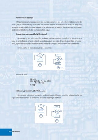 Comandos de repetição

          Utilizamos os comandos de repetição quando desejamos que um determinado conjunto de
   instruções ou comandos seja executado um número definido ou indefinido de vezes, ou enquanto
   um determinado estado de coisas prevalecer ou até que seja alcançado. Trabalharemos com mode-
   los de comandos de repetição, como descrito a seguir.

          Enquanto x, processar (Do While ...Loop)

            Nesse caso, o bloco de operações será executado enquanto a condição x for verdadeira. O
   teste da condição será sempre realizado antes de qualquer operação. Enquanto a condição for verda-
   deira, o processo se repete. Podemos utilizar essa estrutura para trabalharmos com contadores.

            Em diagrama de bloco a estrutura é a seguinte:




          Em Visual Basic

                             Nr=0
                             Do While Nr<=100
                                 Nr=Nr+1
                             Loop


          Até que x, processar... (Do Until... Loop)

            Nesse caso, o bloco de operações será executado até que a condição seja satisfeita, ou
   seja, somente executará os comandos enquanto a condição for falsa.




224 mecatrônica
 