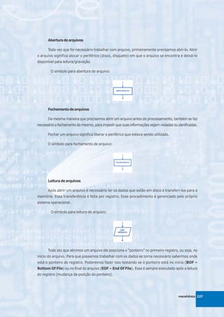 Abertura de arquivos

      Toda vez que for necessário trabalhar com arquivo, primeiramente precisamos abri-lo. Abrir
o arquivo significa alocar o periférico (disco, disquete) em que o arquivo se encontra e deixá-lo
disponível para leitura/gravação.

        O símbolo para abertura de arquivo:




      Fechamento de arquivos

      Da mesma maneira que precisamos abrir um arquivo antes do processamento, também se faz
necessário o fechamento do mesmo, para impedir que suas informações sejam violadas ou danificadas.

      Fechar um arquivo significa liberar o periférico que estava sendo utilizado.

      O símbolo para fechamento de arquivo:




      Leitura de arquivos

      Após abrir um arquivo é necessário ler os dados que estão em disco e transferi-los para a
memória. Essa transferência é feita por registro. Esse procedimento é gerenciado pelo próprio
sistema operacional.

        O símbolo para leitura de arquivo:




      Toda vez que abrimos um arquivo ele posiciona o “ponteiro” no primeiro registro, ou seja, no
início do arquivo. Para que possamos trabalhar com os dados se torna necessário sabermos onde
está o ponteiro do registro. Poderemos fazer isso testando se o ponteiro está no início (BOF –
Bottom Of File) ou no final do arquivo (EOF – End Of File). Esse é sempre executado após a leitura
do registro (mudança da posição do ponteiro).




                                                                                      mecatrônica 227
 
