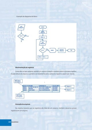 Exemplo de diagrama de bloco:




          Movimentação de registros

          Como dito no item anterior, quando um arquivo é aberto o ponteiro está no primeiro registro.
   A cada leitura do arquivo o ponteiro se movimenta para o próximo registro e assim por diante.




          Gravação de arquivos

          Da mesma maneira que os registros são lidos de um arquivo, também devemos gravar
   registros em um arquivo.




228 mecatrônica
 