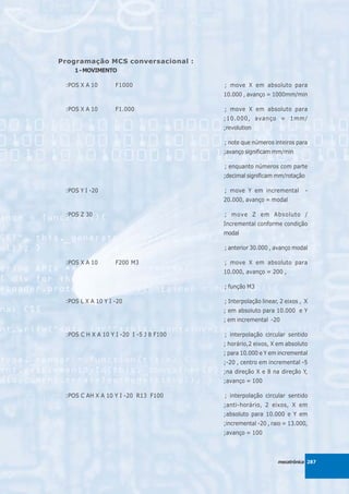 Programação MCS conversacional :
    1 - MOVIMENTO

 :POS X A 10       F1000                 ; move X em absoluto para
                                         10.000 , avanço = 1000mm/min

 :POS X A 10       F1.000                ; move X em absoluto para
                                         ;10.000, avanço = 1mm/
                                         ;revolution

                                         ; note que números inteiros para
                                         ;avanço significam mm/min

                                         ; enquanto números com parte
                                         ;decimal significam mm/rotação

 :POS Y I -20                            ; move Y em incremental          -
                                         20.000, avanço = modal

 :POS Z 30                               ; move Z em Absoluto /
                                         Incremental conforme condição
                                         modal

                                         ; anterior 30.000 , avanço modal

 :POS X A 10       F200 M3               ; move X em absoluto para
                                         10.000, avanço = 200 ,

                                         ; função M3

 :POS L X A 10 Y I -20                   ; Interpolação linear, 2 eixos , X
                                         ; em absoluto para 10.000 e Y
                                         ; em incremental -20

 :POS C H X A 10 Y I -20 I -5 J 8 F100   ; interpolação circular sentido
                                         ; horário,2 eixos, X em absoluto
                                         ; para 10.000 e Y em incremental
                                         ;-20 , centro em incremental -5
                                         ;na direção X e 8 na direção Y,
                                         ;avanço = 100

 :POS C AH X A 10 Y I -20 R13 F100       ; interpolação circular sentido
                                         ;anti-horário, 2 eixos, X em
                                         ;absoluto para 10.000 e Y em
                                         ;incremental -20 , raio = 13.000,
                                         ;avanço = 100



                                                              mecatrônica 287
 