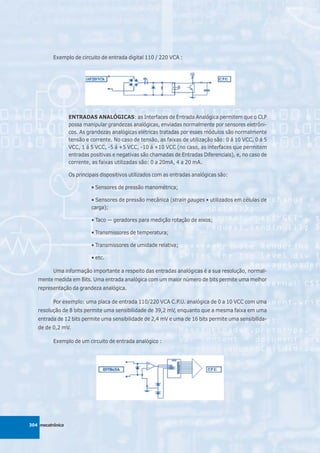 Exemplo de circuito de entrada digital 110 / 220 VCA :




                  ENTRADAS ANALÓGICAS: as Interfaces de Entrada Analógica permitem que o CLP
                  possa manipular grandezas analógicas, enviadas normalmente por sensores eletrôni-
                  cos. As grandezas analógicas elétricas tratadas por esses módulos são normalmente
                  tensão e corrente. No caso de tensão, as faixas de utilização são: 0 á 10 VCC, 0 á 5
                  VCC, 1 á 5 VCC, -5 á +5 VCC, -10 á +10 VCC (no caso, as interfaces que permitem
                  entradas positivas e negativas são chamadas de Entradas Diferenciais), e, no caso de
                  corrente, as faixas utilizadas são: 0 a 20mA, 4 a 20 mA.

                  Os principais dispositivos utilizados com as entradas analógicas são:

                           • Sensores de pressão manométrica;

                           • Sensores de pressão mecânica (strain gauges • utilizados em células de
                           carga);

                           • Taco — geradores para medição rotação de eixos;

                           • Transmissores de temperatura;

                           • Transmissores de umidade relativa;

                           • etc.

          Uma informação importante a respeito das entradas analógicas é a sua resolução, normal-
   mente medida em Bits. Uma entrada analógica com um maior número de bits permite uma melhor
   representação da grandeza analógica.

          Por exemplo: uma placa de entrada 110/220 VCA C.P.U. analógica de 0 a 10 VCC com uma
   resolução de 8 bits permite uma sensibilidade de 39,2 mV, enquanto que a mesma faixa em uma
   entrada de 12 bits permite uma sensibilidade de 2,4 mV e uma de 16 bits permite uma sensibilida-
   de de 0,2 mV.

          Exemplo de um circuito de entrada analógico :




304 mecatrônica
 