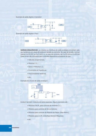 Exemplo de saída digital a transistor:




          Exemplo de saída digital a Triac :




                  SAÍDAS ANALÓGICAS: os módulos ou interfaces de saída analógica convertem valo-
                  res numéricos em sinais de saída em tensão ou corrente. No caso de tensão, normal-
                  mente 0 a 10 VCC ou 0 a 5 VCC, e, no caso de corrente, de 0 a 20 mA ou 4 a 20 mA.
                  Esses sinais são utilizados para controlar dispositivos atuadores do tipo:

                           • Válvulas proporcionais;

                           • Motores C.C.;

                           • Servo • Motores C.C;

                           • Inversores de freqüência;

                           • Posicionadores rotativos;

                           • etc.

                  Exemplo de circuito de saída analógico :




                  Existem também módulos de saída especiais. Alguns exemplos são :

                           • Módulos P.W.M. para controle de motores C.C.;

                           • Módulos para controle de Servomotores;

                           • Módulos para controle de Motores de Passo (Step Motor);

                           • Módulos para I.H.M. (Interface Homem Máquina);

                           • etc.



306 mecatrônica
 