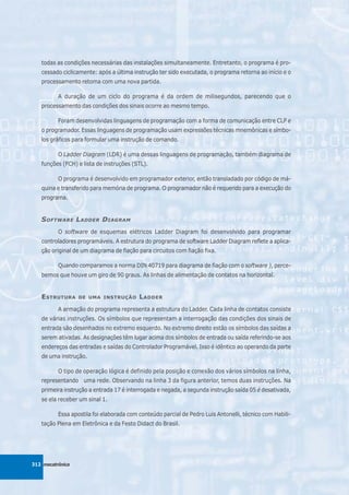 todas as condições necessárias das instalações simultaneamente. Entretanto, o programa é pro-
   cessado ciclicamente: após a última instrução ter sido executada, o programa retorna ao início e o
   processamento retoma com uma nova partida.

          A duração de um ciclo do programa é da ordem de milisegundos, parecendo que o
   processamento das condições dos sinais ocorre ao mesmo tempo.

          Foram desenvolvidas linguagens de programação com a forma de comunicação entre CLP e
   o programador. Essas linguagens de programação usam expressões técnicas mnemônicas e símbo-
   los gráficos para formular uma instrução de comando.

          O Ladder Diagram (LDR) é uma dessas linguagens de programação, também diagrama de
   funções (FCH) e lista de instruções (STL).

          O programa é desenvolvido em programador exterior, então transladado por código de má-
   quina e transferido para memória de programa. O programador não é requerido para a execução do
   programa.


   S OFTWARE L ADDER D IAGRAM
          O software de esquemas elétricos Ladder Diagram foi desenvolvido para programar
   controladores programáveis. A estrutura do programa de software Ladder Diagram reflete a aplica-
   ção original de um diagrama de fiação para circuitos com fiação fixa.

          Quando comparamos a norma DIN 40719 para diagrama de fiação com o software ), perce-
   bemos que houve um giro de 90 graus. As linhas de alimentação de contatos na horizontal.


   E STRUTURA     DE UMA INSTRUÇÃO        L ADDER
          A armação do programa representa a estrutura do Ladder. Cada linha de contatos consiste
   de várias instruções. Os símbolos que representam a interrogação das condições dos sinais de
   entrada são desenhados no extremo esquerdo. No extremo direito estão os símbolos das saídas a
   serem ativadas. As designações têm lugar acima dos símbolos de entrada ou saída referindo-se aos
   endereços das entradas e saídas do Controlador Programável. Isso é idêntico ao operando da parte
   de uma instrução.

          O tipo de operação lógica é definido pela posição e conexão dos vários símbolos na linha,
   representando uma rede. Observando na linha 3 da figura anterior, temos duas instruções. Na
   primeira instrução a entrada 17 é interrogada e negada, a segunda instrução saída 05 é desativada,
   se ela receber um sinal 1.

          Essa apostila foi elaborada com conteúdo parcial de Pedro Luis Antonelli, técnico com Habili-
   tação Plena em Eletrônica e da Festo Didact do Brasil.




312 mecatrônica
 