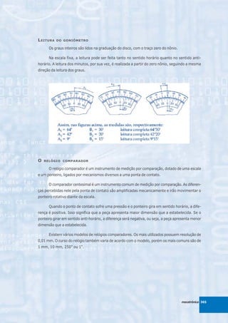 L EITURA   DO GONIÔMETRO

      Os graus inteiros são lidos na graduação do disco, com o traço zero do nônio.

      Na escala fixa, a leitura pode ser feita tanto no sentido horário quanto no sentido anti-
horário. A leitura dos minutos, por sua vez, é realizada a partir do zero nônio, seguindo a mesma
direção da leitura dos graus.




O   RELÓGIO COMPARADOR

      O relógio comparador é um instrumento de medição por comparação, dotado de uma escala
e um ponteiro, ligados por mecanismos diversos a uma ponta de contato.

      O comparador centesimal é um instrumento comum de medição por comparação. As diferen-
ças percebidas nele pela ponta de contato são amplificadas mecanicamente e irão movimentar o
ponteiro rotativo diante da escala.

      Quando o ponto de contato sofre uma pressão e o ponteiro gira em sentido horário, a dife-
rença é positiva. Isso significa que a peça apresenta maior dimensão que a estabelecida. Se o
ponteiro girar em sentido anti-horário, a diferença será negativa, ou seja, a peça apresenta menor
dimensão que a estabelecida.

      Existem vários modelos de relógios comparadores. Os mais utilizados possuem resolução de
0,01 mm. O curso do relógio também varia de acordo com o modelo, porém os mais comuns são de
1 mm, 10 mm, 250" ou 1".




                                                                                      mecatrônica 365
 