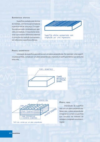 S UPERFÍCIE    EFETIVA

          Superfície avaliada pela técnica
   de medição, com forma aproximada da
   superfície real de uma peça. É a super-
   fície apresentada e analisada pelo apa-
   relho de medição. É importante escla-
   recer que existem diferentes sistemas
   e condições de medição que apresen-
   tam diferentes superfícies efetivas.




   P ERFIL   GEOMÉTRICO

          Interseção da superfície geométrica com um plano perpendicular. Por exemplo: uma superfí-
   cie plana perfeita, cortada por um plano perpendicular, originará um perfil geométrico que será uma
   linha reta.




                                                                    P ERFIL    REAL

                                                                           Intersecção da superfície
                                                                    real com um plano perpendicular.
                                                                    Nesse caso, o plano perpendicular
                                                                    (imaginário) cortará a superfície
                                                                    que resultou do método de
                                                                    usinagem e originará uma linha ir-
                                                                    regular.




374 mecatrônica
 