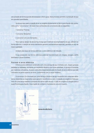 sob pressão de forma que ele atravessasse o ferro gusa. Esse processo permitiu a produção de aço
  em grandes quantidades.

         Os fornos que usam a injeção de ar ou oxigênio diretamente no ferro gusa líquido são conhe-
  cidos como “conversores”. Os tipos mais conhecidos de conversores são os seguintes :

         • conversor Thomas

         • conversor Bessemer

         • conversor LD (Linz Donawitz)

         Para realizar adição de elementos de liga para melhorar as propriedades do aço, utilizam-se
  fornos elétricos. A adição de certos elementos garante características especiais, gerando um aço de
  maior qualidade.

         Existem dois tipos de fornos elétricos: a arco elétrico e de indução.

         O aço produzido nos fornos elétricos pode ser transformado em chapas, tarugos, perfis
  laminados e peças fundidas.


  Fornos a arco elétrico
         O forno a arco elétrico é construído com uma carcaça de aço montada com chapas grossas
  soldadas ou rebitadas, formando um recipiente cilíndrico com fundo abaulado. A carcaça é revestida
  por materiais refratários. Existem eletrodos responsáveis pela formação do arco elétrico que são
  colocados na parte superior do forno, juntamente com a carga metálica.

         O conversor LD é formado por uma carcaça cilíndrica de aço revestida com materiais refra-
  tários (dolomita ou magnesita) para garantir resistência ao calor. A injeção do oxigênio é feita por
  meio de uma lança metálica composta de vários tubos de aço. O jato de oxigênio é dirigido para a
  superfície do gusa líquido. Essa região de contato é chamada de zona de impacto.




                                          zonas de alto forno




38 mecatrônica
 