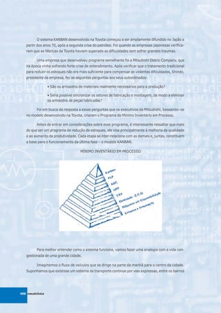 O sistema KANBAN desenvolvido na Toyota começou a ser amplamente difundido no Japão a
   partir dos anos 70, após a segunda crise do petróleo. Foi quando as empresas japonesas verifica-
   ram que as fábricas da Toyota haviam superado as dificuldades sem sofrer grandes traumas.

          Uma empresa que desenvolveu programa semelhante foi a Mitsubishi Eletric Company, que
   na época vinha sofrendo forte crise de entendimento. Após verificar que o tratamento tradicional
   para reduzir os estoques não era mais suficiente para compensar as violentas dificuldades, Shindo,
   presidente da empresa, fez as seguintes perguntas aos seus subordinados:

                  • São os armazéns de materiais realmente necessários para a produção?

                  • Seria possível sincronizar os setores de fabricação e montagem, de modo a eliminar
                  os armazéns de peças fabricadas?

          Foi em busca da resposta a essas perguntas que os executivos da Mitsubishi, baseando–se
   no modelo desenvolvido na Toyota, criaram o Programa do Mínimo Inventário em Processo.

          Antes de entrar em considerações sobre esse programa, é interessante ressaltar que mais
   do que ser um programa de redução de estoques, ele visa principalmente à melhoria da qualidade
   e ao aumento da produtividade. Cada etapa se inter-relaciona com as demais e, juntas, constituem
   a base para o funcionamento da última fase – o modelo KANBAN.

                                      MÍNIMO INVENTÁRIO EM PROCESSO




          Para melhor entender como o sistema funciona, vamos fazer uma analogia com a vida con-
   gestionada de uma grande cidade.

          Imaginemos o fluxo de veículos que se dirige na parte da manhã para o centro da cidade.
   Suponhamos que existisse um sistema de transporte contínuo por vias expressas, entre os bairros




406 mecatrônica
 