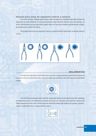 Alicates para anéis de segmento interno e externo
       É uma ferramenta utilizada para remover anéis de segmento, também chamados de anéis de
segurança ou anéis elásticos. O uso desses alicates exige bastante atenção, pois suas pontas, ao
serem introduzidas nos furos dos anéis, podem fazer com que eles escapem abruptamente, atingin-
do pessoas que estejam por perto.

       Os alicates para anéis de segmento interno e externo podem apresentar as pontas retas ou
curvas.




                                                                          ROLAMENTOS
       Os tipos de rolamento construídos para suportar cargas atuando perpendicularmente ao
eixo, tais como os rolamentos dos cubos de rodas, por exemplo, são chamados de rolamentos
radiais.




       Os rolamentos projetados para suportar cargas que atuam na direção do eixo são chamados
de rolamentos axiais. Um rolamento axial pode ser usado, por exemplo, para suportar o empuxo da
hélice propulsora de um navio. Muitos tipos de rolamento radiais são capazes de suportar, também,
cargas combinadas, isto é, cargas radiais e axiais.




                                                                                     mecatrônica 437
 