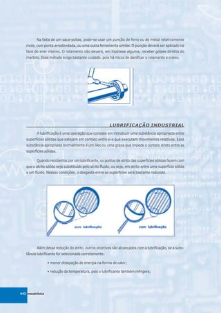 Na falta de um saca-polias, pode-se usar um punção de ferro ou de metal relativamente
   mole, com ponta arredondada, ou uma outra ferramenta similar. O punção deverá ser aplicado na
   face do anel interno. O rolamento não deverá, em hipótese alguma, receber golpes diretos do
   martelo. Esse método exige bastante cuidado, pois há riscos de danificar o rolamento e o eixo.




                                                         LUBRIFICAÇÃO INDUSTRIAL
          A lubrificação é uma operação que consiste em introduzir uma substância apropriada entre
   superfícies sólidas que estejam em contato entre si e que executam movimentos relativos. Essa
   substância apropriada normalmente é um óleo ou uma graxa que impede o contato direto entre as
   superfícies sólidas.

          Quando recobertos por um lubrificante, os pontos de atrito das superfícies sólidas fazem com
   que o atrito sólido seja substituído pelo atrito fluido, ou seja, em atrito entre uma superfície sólida
   e um fluido. Nessas condições, o desgaste entre as superfícies será bastante reduzido.




          Além dessa redução do atrito, outros objetivos são alcançados com a lubrificação, se a subs-
   tância lubrificante for selecionada corretamente:

                  • menor dissipação de energia na forma de calor;

                  • redução da temperatura, pois o lubrificante também refrigera;




442 mecatrônica
 