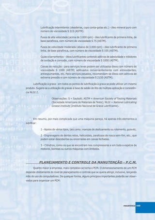Lubrificação intermitente (oleadeiras, copo conta-gotas etc.) - óleo mineral puro com
              número de viscosidade S 315 (ASTM).

              Fusos de alta velocidade (acima de 3.000 rpm) - óleo lubrificante de primeira linha, de
              base parafínica, com número de viscosidade S 75 (ASTM).

              Fusos de velocidade moderada (abaixo de 3.000 rpm) - óleo lubrificante de primeira
              linha, de base parafínica, com número de viscosidade S 105 (ASTM).

              Guias e barramentos - óleos lubrificantes contendo aditivos de adesividade e inibidores
              de oxidação e corrosão, com número de viscosidade S 1000 (ASTM).

              Caixas de redução - para serviços leves podem ser utilizados óleos com número de
              viscosidade S 1000 (ASTM) aditivados convenientemente com antioxidantes,
              antiespumantes, etc. Para serviços pesados, recomendam-se óleos com aditivos de
              extrema pressão e com número de viscosidade S 2150 (ASTM).

       Lubrificação à graxa - em todos os pontos de lubrificação à graxa se pode utilizar um mesmo
produto. Sugere-se a utilização de graxas à base de sabão de lítio de múltipla aplicação e consistên-
cia NLGI 2.

                        Observações: S = Saybolt; ASTM = American Society of Testing Materials
                        (Sociedade Americana de Materiais de Teste); NLGI = National Lubricating
                        Grease Institute (Instituto Nacional de Graxa Lubrificante).



       Em resumo, por mais complicada que uma máquina pareça, há apenas três elementos a
lubrificar:

              1 - Apoios de vários tipos, tais como: mancais de deslizamento ou rolamento, guia etc.

              2 - Engrenagens de dentes retos, helicoidais, parafusos de rosca sem-fim, etc., que
              podem estar descobertas ou encerradas em caixas fechadas.

              3 - Cilindros, como os que se encontram nos compressores e em toda a espécie de
              motores, bombas ou outras máquinas com êmbolos.




              PLANEJAMENTO E CONTROLE DA MANUTENÇÃO - P.C.M.
       Quanto maior a empresa, mais complexo se torna o PCM. O dimensionamento de um PCM
depende diretamente do nível de planejamento e controle que se queira atingir, inclusive, lançando
mão do uso de computadores. De qualquer forma, alguns princípios importantes poderão ser obser-
vados para organizar um PCM:




                                                                                         mecatrônica 449
 