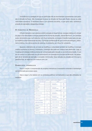 Turbulência é a condição em que as partículas não se movimentam suavemente e em para-
lelo à direção do fluxo. São mudanças bruscas na direção de fluxo pelo fluido viscoso ou pela
velocidade excessiva. O resultado disso é um aumento de atrito, o qual gera calor, aumenta a
pressão de operação e desperdiça energia.


O   PRINCÍPIO DE     B ERNOULLI
      O fluido hidráulico num sistema contém energia em duas formas: energia cinética em virtude
do peso e da velocidade e energia potencial em forma de pressão. Daniel Bernoulli, um cientista
suíço, demonstrou que num sistema, com fluxo constante, a energia é transformada cada vez que
se modifica a área transversal do tubo. O princípio de Bernoulli diz que a soma de energias, poten-
cial e cinética, nos vários pontos do sistema, é constante, se o fluxo for constante.

      Quando o diâmetro de um tubo se modifica, a velocidade também se modifica. A energia
cinética aumenta ou diminui. Entretanto, a energia não pode ser criada e nem destruída. Logo, a
mudança em energia cinética precisa ser compensada pela redução ou aumento da pressão. O uso
de um venturi no carburador de um automóvel é um exemplo do princípio de Bernoulli. Na passa-
gem de ar através da restrição, a pressão é diminuída. Essa redução de pressão permite que a
gasolina flua, se vaporize e se misture com o ar.


S IMBOLOGIA     HIDRÁULICA

      Para a criação e compreensão de projetos hidráulicos é necessário entender a simbologia
convencionada para esses casos.

      Veja a seguir uma tabela com os símbolos gráficos normalizados e que são utilizados na
indústria:




                                                                                        mecatrônica 77
 