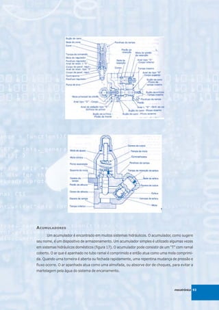 A CUMULADORES
      Um acumulador é encontrado em muitos sistemas hidráulicos. O acumulador, como sugere
seu nome, é um dispositivo de armazenamento. Um acumulador simples é utilizado algumas vezes
em sistemas hidráulicos domésticos (figura 17). O acumulador pode consistir de um “T” com ramal
coberto. O ar que é apanhado no tubo ramal é comprimido e então atua como uma mola comprimi-
da. Quando urna torneira é aberta ou fechada rapidamente, uma repentina mudança de pressão e
fluxo ocorre. O ar apanhado atua como uma almofada, ou absorve dor de choques, para evitar a
martelagem pela água do sistema de encanamento.




                                                                                   mecatrônica 93
 