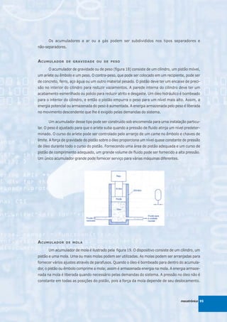 Os acumuladores a ar ou a gás podem ser subdivididos nos tipos separadores e
não-separadores.


A CUMULADOR      DE GRAVIDADE OU DE PESO

      O acumulador de gravidade ou de peso (figura 18) consiste de um cilindro, um pistão móvel,
um aríete ou êmbolo e um peso. O contra-peso, que pode ser colocado em um recipiente, pode ser
de concreto, ferro, aço água ou um outro material pesado. O pistão deve ter um encaixe de preci-
são no interior do cilindro para reduzir vazamentos. A parede interna do cilindro deve ter um
acabamento esmerilhado ou polido para reduzir atrito e desgaste. Um óleo hidráulico é bombeado
para o interior do cilindro, e então o pistão empurra o peso para um nível mais alto. Assim, a
energia potencial ou armazenada do peso é aumentada. A energia armazenada pelo peso é liberada
no movimento descendente que lhe é exigido pelas demandas do sistema.

      Um acumulador desse tipo pode ser construído sob encomenda para urna instalação particu-
lar. O peso é ajustado para que o aríete suba quando a pressão de fluido atinja um nível predeter-
minado. O curso do aríete pode ser controlado pelo arranjo de um came no êmbolo e chaves de
limite. A força de gravidade do pistão sobre o óleo proporciona um nível quase constante de pressão
de óleo durante todo o curso do pistão. Fornecendo uma área de pistão adequada e um curso de
pistão de comprimento adequado, um grande volume de fluido pode ser fornecido a alta pressão.
Um único acumulador grande pode fornecer serviço para várias máquinas diferentes.




A CUMULADOR      DE MOLA

      Um acumulador de mola é ilustrado pela figura 19. O dispositivo consiste de um cilindro, um
pistão e uma mola. Uma ou mais molas podem ser utilizadas. As molas podem ser arranjadas para
fornecer vários ajustes através de parafusos. Quando o óleo é bombeado para dentro do acumula-
dor, o pistão ou êmbolo comprime a mola; assim é armazenada energia na mola. A energia armaze-
nada na mola é liberada quando necessário pelas demandas do sistema. A pressão no óleo não é
constante em todas as posições do pistão, pois a força da mola depende de seu deslocamento.




                                                                                       mecatrônica 95
 