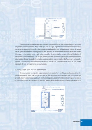 Esse tipo de acumulador deve ser montado numa posição vertical, pois o gás deve ser retido
na parte superior do cilindro. Para evitar que o ar ou o gás sejam exauridos no sistema hidráulico,
somente cerca de dois terços do volume do acumulador podem ser utilizados pelo volume de gás ou
de ar. Aproximadamente um terço do volume restante do acumulador deve ser reservado para o
óleo, para evitar que o ar ou o gás sejam puxados do acumulador para o sistema hidráulico. A
aeração ou mistura de óleo e ar ou gás podem resultar na diminuição do pré-carregamento do
acumulador. Se o ar ou o gás forem absorvidos pelo óleo, o acumulador não funcionará adequada-
mente. O acumulador sem elemento separador requer um compressor de ar ou de gás para a
operação de pré-carregamento do acumulador.


A CUMULADOR      COM PISTÃO SEPARADOR

      Um acumulador com pistão separador, com um pistão livre ou flutuante atuando como ele-
mento separador entre o ar ou gás e o óleo, é ilustrado pela figura abaixo. O ar ou o gás a alta
pressão é carregado no espaço de um dos lados do pistão, e o óleo hidráulico é carregado no espaço
oposto. O tubo deve ser usinado com precisão. A vedação do pistão mantém o óleo e o gás separados.




                                                                                       mecatrônica 97
 