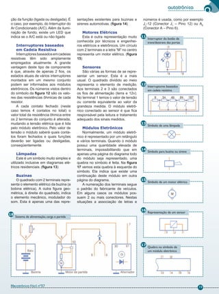 Mecatrônica Fácil nº16 - Maio 2004
autotrônica
a
Mecatrônica Fácil nº37 19
11
Interruptor do botão de
trava/destrava das portas
12
Interruptores baseados
em cadeia resistiva
13
Símbolo de uma lâmpada
14
Símbolo para buzina ou sirene
15
Símbolo de um motor elétrico
16
Representação de um sensor
17
Quebra no símbolo de
um módulo eletrônico
18
Sistema de alimentação, carga e partida
ção da função (ligada ou desligada). É
o caso, por exemplo, do Interruptor do
Ar Condicionado (A/C). Além da ilumi-
nação de fundo, existe um LED que
indica se o A/C está ou não ligado
Interruptores baseados
em Cadeia Resistiva
Interruptoresbaseadosemcadeias
resistivas têm sido amplamente
empregados atualmente. A grande
vantagem deste tipo de componente
é que, através de apenas 2 fios, os
estados atuais de vários interruptores
montados em um mesmo conjunto
podem ser informados aos módulos
eletrônicos. Os números vistos dentro
do símbolo da figura 12 são os valo-
res das resistências ôhmicas de cada
resistor.
A cada contato fechado (neste
caso temos 4 contatos no total) o
valor total da resistência ôhmica entre
os 2 terminas do conjunto é alterada,
mudando a tensão elétrica que é lida
pelo módulo eletrônico. Pelo valor de
tensão o módulo saberá quais conta-
tos foram fechados e quais funções
deverão ser ligadas ou desligadas,
conseqüentemente.
Lâmpadas
Este é um símbolo muito simples e
utilizado inclusive em diagramas elé-
tricos residenciais. (figura 13)
Buzinas
O quadrado com 2 terminais repre-
senta o elemento elétrico da buzina (a
bobina elétrica). A outra figura geo-
métrica, à direita do quadrado, indica
o elemento mecânico, modulador do
som. Esta é apenas uma das repre-
sentações existentes para buzinas e
sirenes automotivas. (figura 14)
Motores Elétricos
Esta é outra representação muito
conhecida por técnicos e engenhei-
ros elétricos e eletrônicos. Um círculo
com 2 terminais e a letra “M” no centro
representa um motor elétrico. (figura
15)
Sensores
São várias as formas de se repre-
sentar um sensor. Esta é a mais
usual. O quadrado dividido ao meio
representa o elemento de medição.
Aos terminais 2 e 3 são conectados
os fios de alimentação (terra e 12v).
No terminal 1 temos o valor de tensão
ou corrente equivalente ao valor da
grandeza medida. O módulo eletrô-
nico conectado ao sensor é que fica
responsável pela leitura e tratamento
adequado dos sinais medidos.
Módulos Eletrônicos
Normalmente, um módulo eletrô-
nico é representado por um retângulo
e vários terminais. Quando o módulo
possui uma quantidade elevada de
terminais, impossibilitando que em
apenas uma página do diagrama todo
do módulo seja representado, uma
quebra no símbolo é feita. Na figura
17 vemos esta quebra à esquerda do
símbolo. Ela indica que existe uma
continuação deste módulo em outra
página do diagrama.
A numeração dos terminais segue
o padrão do fabricante de veículos.
Em alguns casos os módulos pos-
suem 2 ou mais conectores. Nestas
situações a associação de letras e
números é usada, como por exemplo
J1
-12 (Conector J1
– Pino 12) ou A6
(Conector A – Pino 6).
 