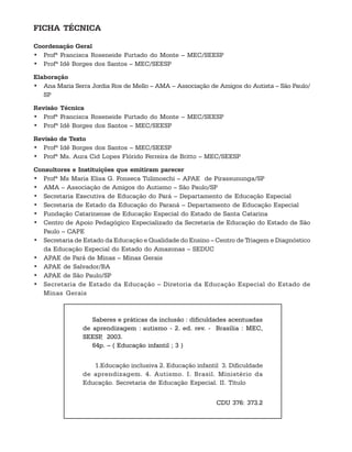 Saberes e práticas da inclusão : dificuldades acentuadas
de aprendizagem :.autismo - 2. ed. rev. - Brasília : MEC,
SEESP, .2003.
64p. – ( Educação infantil ; 3 )
1.Educação inclusiva 2. Educação infantil 3. Dificuldade
de aprendizagem. 4. Autismo. I. Brasil. Ministério da
Educação. Secretaria de Educação Especial. II. Título
CDU 376: 373.2
FICHA TÉCNICA
Coordenação Geral
• Profª Francisca Roseneide Furtado do Monte – MEC/SEESP
• Profª Idê Borges dos Santos – MEC/SEESP
Elaboração
• Ana Maria Serra Jordia Ros de Mello – AMA – Associação de Amigos do Autista – São Paulo/
SP
Revisão Técnica
• Profª Francisca Roseneide Furtado do Monte – MEC/SEESP
• Profª Idê Borges dos Santos – MEC/SEESP
Revisão de Texto
• Profª Idê Borges dos Santos – MEC/SEESP
• Profª Ms. Aura Cid Lopes Flórido Ferreira de Britto – MEC/SEESP
Consultores e Instituições que emitiram parecer
• Profª Ms Maria Elisa G. Fonseca Tulimoschi – APAE de Pirassununga/SP
• AMA – Associação de Amigos do Autismo – São Paulo/SP
• Secretaria Executiva de Educação do Pará – Departamento de Educação Especial
• Secretaria de Estado da Educação do Paraná – Departamento de Educação Especial
• Fundação Catarinense de Educação Especial do Estado de Santa Catarina
• Centro de Apoio Pedagógico Especializado da Secretaria de Educação do Estado de São
Paulo – CAPE
• Secretaria de Estado da Educação e Qualidade do Ensino – Centro de Triagem e Diagnóstico
da Educação Especial do Estado do Amazonas – SEDUC
• APAE de Pará de Minas – Minas Gerais
• APAE de Salvador/BA
• APAE de São Paulo/SP
• Secretaria de Estado da Educação – Diretoria da Educação Especial do Estado de
Minas Gerais
 