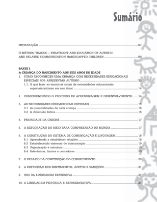 Sumário
INTRODUÇÃO ..................................................................................................................................07
O MÉTODO TEACCH – TREATMENT AND EDUCATION OF AUTISTIC
AND RELATED COMMUNICATION HANDICAPPED CHILDREN ............................................09
PARTE I
A CRIANÇA DO NASCIMENTO AOS SEIS ANOS DE IDADE
1. COMO RECONHECER UMA CRIANÇA COM NECESSIDADES EDUCACIONAIS
ESPECIAIS POR APRESENTAR AUTISMO ............................................................................13
1.1. O que fazer ao encontrar sinais de necessidades educacionais
especiais/autismo em seu aluno ....................................................................................14
2. COMPREENDENDO O PROCESSO DE APRENDIZAGEM E DESENVOLVIMENTO .......14
3. AS NECESSIDADES EDUCACIONAIS ESPECIAIS ...............................................................15
3.1 As possibilidades de cada criança ................................................................................16
3.2 A dimensão lúdica............................................................................................................16
4. PRIORIDADE DA CRECHE ......................................................................................................17
5. A EXPLORAÇÃO DO MEIO PARA COMPREENSÃO DO MUNDO ....................................17
6. A CONSTRUÇÃO DO SISTEMA DE COMUNICAÇÃO E LINGUAGEM.............................18
6.1 Aprendendo a estabelecer relações ..............................................................................18
6.2 Estabelecendo sistemas de comunicação ....................................................................19
6.3 Organização e estrutura ..................................................................................................19
6.4 Referências, limites e contadores ..................................................................................20
7. O DESAFIO DA CONSTRUÇÃO DO CONHECIMENTO .......................................................20
8. A EXPRESSÃO DOS SENTIMENTOS, AFETOS E EMOÇÕES ............................................21
9. USO DA LINGUAGEM EXPRESSIVA .....................................................................................21
10. A LINGUAGEM PICTÓRICA E REPRESENTATIVA .............................................................21
 