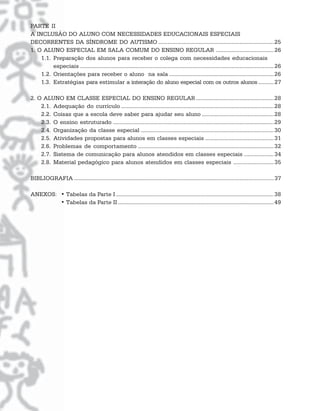 PARTE II
A INCLUSÃO DO ALUNO COM NECESSIDADES EDUCACIONAIS ESPECIAIS
DECORRENTES DA SÍNDROME DO AUTISMO ..........................................................................25
1. O ALUNO ESPECIAL EM SALA COMUM DO ENSINO REGULAR .....................................26
1.1. Preparação dos alunos para receber o colega com necessidades educacionais
especiais ............................................................................................................................26
1.2. Orientações para receber o aluno na sala ...................................................................26
1.3. Estratégias para estimular a interação do aluno especial com os outros alunos..........27
2. O ALUNO EM CLASSE ESPECIAL DO ENSINO REGULAR..................................................28
2.1. Adequação do currículo ..................................................................................................28
2.2. Coisas que a escola deve saber para ajudar seu aluno ..............................................28
2.3. O ensino estruturado .......................................................................................................29
2.4. Organização da classe especial .....................................................................................30
2.5. Atividades propostas para alunos em classes especiais ............................................31
2.6. Problemas de comportamento .......................................................................................32
2.7. Sistema de comunicação para alunos atendidos em classes especiais ...................34
2.8. Material pedagógico para alunos atendidos em classes especiais ..........................35
BIBLIOGRAFIA ................................................................................................................................37
ANEXOS: • Tabelas da Parte I .....................................................................................................38
• Tabelas da Parte II....................................................................................................49
 