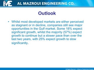 Outlook Whilst most developed markets are either perceived as stagnant or in decline, companies still see major opportunities in the Gulf market. Some 18% expect significant growth, whilst the majority (57%) expect growth to continue but a slower pace than over the last two years, with 25% expect growth to slow significantly . 
