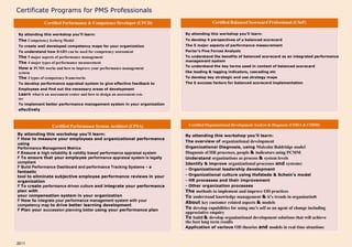 Certificate Programs for PMS Professionals
              Certified Performance & Competence Developer (CPCD)                           Certified Balanced Scorecard Professional (CScP)

By attending this workshop you’ll learn:                                    By attending this workshop you’ll learn:
The Competency Iceberg Model                                                To develop 4 perspectives of a balanced scorecard
To create well developed competency maps for your organization              The 5 major aspects of performance measurement
To understand how BARS can be used for competency assessment                Porter’s Five Forces Analysis
The 5 major aspects of performance management                               To understand the benefits of balanced scorecard as an integrated performance
                                                                            management system
The 4 major types of performance measurement
                                                                            To understand the key terms used in context of balanced scorecard
How a PCMS works and how to improve your performance management
system                                                                      like leading & lagging indicators, cascading etc
The 3 types of competency frameworks                                        To develop key strategic and use strategy maps
To develop performance appraisal system to give effective feedback to       The 6 success factors for balanced scorecard implementation
Employees and find out the necessary areas of development
Learn what is an assessment center and how to design an assessment cen-
ter
To implement better performance management system in your organization
effectively



                   Certified Performance System Architect (CPSA)                Certified Organizational Development Analyst & Diagnosis (CODA & CODD)

By attending this workshop you’ll learn:                                    By attending this workshop you’ll learn:
F How to measure your employees and organizational performance
                                                                            The overview of organizational development
using
Performance Management Metrics                                              Organizational Diagnosis, using Malcolm Baldridge model
F Ensure a high reliability & validity based performance appraisal system   Diagnosis of HR processes, people & indicators using PCMM
F To ensure that your employee performance appraisal system is legally      Understand organizations as process & system levels
compliant                                                                   Identify & improve organizational processes and systems:
F Build Performance Dashboard and performance Tracking Systems - a
                                                                            -   Organizational leadership development
fantastic
tool to eliminate subjective employee performance reviews in your           -   Organizational culture using Hofstede & Schein’s model
organization                                                                -   HR processes and their improvement
F To create performance driven culture and integrate your performance       -   Other organization processes
plan with                                                                   The methods to implement and improve OD practices
your compensation system in your organization                               To understand knowledge management & it’s trends in organization
F How to integrate your performance management system with your
                                                                            About key customer related aspects & models
competency map to drive better learning development
F Plan your succession planning better using your performance plan          To develop capabilities for using one's self as an agent of change including
                                                                            appreciative enquiry
                                                                            To build & develop organizational development solutions that will achieve
                                                                            the best long term results
                                                                            Application of various OD theories and models in real time situations



2011
 