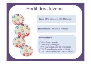 Perfil dos Jovens

     Sexo: 51% homens e 49% Mulheres.




     Idade média: 24 anos e 7 meses



      Escolaridade

        63% Curso superior
        20% Pós Graduação
        9% (Curso Superior de Tecnologia
        5% Ensino Fundamental e Médio
        3% Curso Superior de CurtaDuração
 