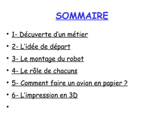 SOMMAIRE
●
1- Décuverte d’un métier
●
2- L’idée de départ
●
3- Le montage du robot
●
4- Le rôle de chacuns
●
5- Comment faire un avion en papier ?
●
6- L’impression en 3D
●
 