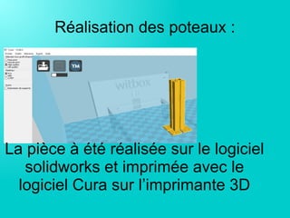 Réalisation des poteaux :
La pièce à été réalisée sur le logiciel
solidworks et imprimée avec le
logiciel Cura sur l’imprimante 3D
 