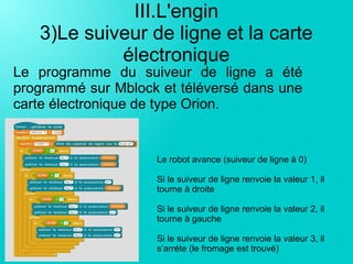 III.L'engin
3)Le suiveur de ligne et la carte
électronique
Le programme du suiveur de ligne a été
programmé sur Mblock et téléversé dans une
carte électronique de type Orion.
Le robot avance (suiveur de ligne à 0)
Si le suiveur de ligne renvoie la valeur 1, il
tourne à droite
Si le suiveur de ligne renvoie la valeur 2, il
tourne à gauche
Si le suiveur de ligne renvoie la valeur 3, il
s’arréte (le fromage est trouvé)
 
