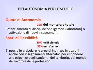 PIÙ AUTONOMIA PER LE SCUOLE Quote di Autonomia   20%   del monte ore totale Potenziamento di discipline obbligatorie (laboratori) o attivazione di nuovi insegnamenti Spazi di Flessibilità   30%   nel II biennio   35%   nel  V anno E’ possibile articolare le aree di indirizzo in opzioni anche con insegnamenti alternativi per rispondere alle esigenze degli studenti, del territorio, del mondo del lavoro e delle professioni. 