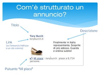 Com’è strutturato un
annuncio?
Titolo
Pulsante Mi piace
Link
(se l annuncio indirizza
a un sito esterno)
Descrizione
 