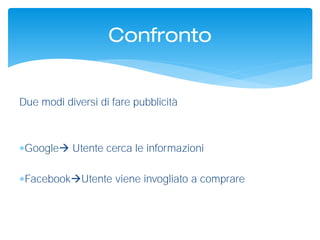 Due modi diversi di fare pubblicità
Google Utente cerca le informazioni
FacebookUtente viene invogliato a comprare
Confronto
 