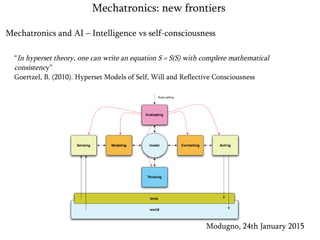 Mechatronics and AI – Intelligence vs self-consciousness
Modugno, 24th January 2015
Mechatronics: new frontiers
“In hyperset theory, one can write an equation S = S(S) with complete mathematical
consistency”
Goertzel, B. (2010). Hyperset Models of Self, Will and Reflective Consciousness
 