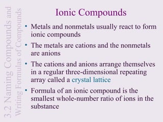3.2 Naming Compounds and                                             Ionic Compounds
                           Writing Formulas of Compounds
                                                           • Metals and nonmetals usually react to form
                                                             ionic compounds
                                                           • The metals are cations and the nonmetals
                                                             are anions
                                                           • The cations and anions arrange themselves
                                                             in a regular three-dimensional repeating
                                                             array called a crystal lattice
                                                           • Formula of an ionic compound is the
                                                             smallest whole-number ratio of ions in the
                                                             substance
 