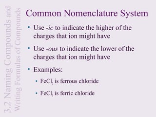 3.2 Naming Compounds and
                           Writing Formulas of Compounds   Common Nomenclature System
                                                           • Use -ic to indicate the higher of the
                                                             charges that ion might have
                                                           • Use -ous to indicate the lower of the
                                                             charges that ion might have
                                                           • Examples:
                                                             • FeCl2 is ferrous chloride
                                                             • FeCl3 is ferric chloride
 