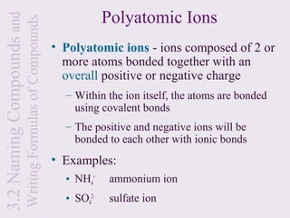 3.2 Naming Compounds and                                               Polyatomic Ions
                           Writing Formulas of Compounds
                                                           • Polyatomic ions - ions composed of 2 or
                                                             more atoms bonded together with an
                                                             overall positive or negative charge
                                                             – Within the ion itself, the atoms are bonded
                                                               using covalent bonds
                                                             – The positive and negative ions will be
                                                               bonded to each other with ionic bonds
                                                           • Examples:
                                                             • NH4+    ammonium ion
                                                             • SO42-   sulfate ion
 
