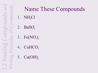 3.2 Naming Compounds and
                           Writing Formulas of Compounds      Name These Compounds
                                                           1. NH4Cl

                                                           2. BaSO4

                                                           3. Fe(NO3)3

                                                           4. CuHCO3

                                                           5. Ca(OH)2
 