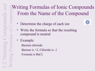 3.2 Naming Compounds and                        Writing Formulas of Ionic Compounds
                           Writing Formulas of Compounds
                                                 From the Name of the Compound
                                                           • Determine the charge of each ion
                                                           • Write the formula so that the resulting
                                                             compound is neutral
                                                           • Example:
                                                              Barium chloride:
                                                              Barium is +2, Chloride is -1
                                                              Formula is BaCl2
 