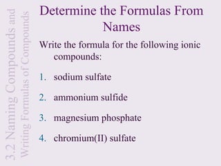 3.2 Naming Compounds and                                   Determine the Formulas From
                           Writing Formulas of Compounds              Names
                                                           Write the formula for the following ionic
                                                              compounds:

                                                           1. sodium sulfate

                                                           2. ammonium sulfide

                                                           3. magnesium phosphate

                                                           4. chromium(II) sulfate
 