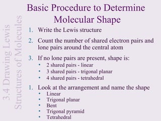 Basic Procedure to Determine
Structures of Molecules         Molecular Shape
  3.4 Drawing Lewis

                          1. Write the Lewis structure
                          2. Count the number of shared electron pairs and
                             lone pairs around the central atom
                          3. If no lone pairs are present, shape is:
                              •   2 shared pairs - linear
                              •   3 shared pairs - trigonal planar
                              •   4 shared pairs - tetrahedral
                          1. Look at the arrangement and name the shape
                              •   Linear
                              •   Trigonal planar
                              •   Bent
                              •   Trigonal pyramid
                              •   Tetrahedral
 
