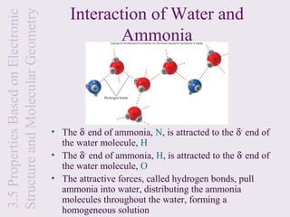 Interaction of Water and
Structure and Molecular Geometry
3.5 Properties Based on Electronic
                                                Ammonia




                                     • The δ- end of ammonia, N, is attracted to the δ+ end of
                                       the water molecule, H
                                     • The δ+ end of ammonia, H, is attracted to the δ- end of
                                       the water molecule, O
                                     • The attractive forces, called hydrogen bonds, pull
                                       ammonia into water, distributing the ammonia
                                       molecules throughout the water, forming a
                                       homogeneous solution
 