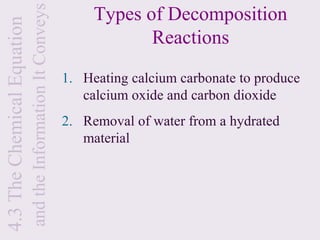Types of Decomposition
                            and the Information It Conveys
4.3 The Chemical Equation
                                                                         Reactions
                                                             1. Heating calcium carbonate to produce
                                                                calcium oxide and carbon dioxide
                                                             2. Removal of water from a hydrated
                                                                material
 