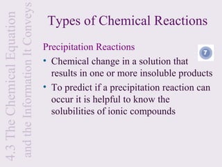 and the Information It Conveys
4.3 The Chemical Equation
                                                              Types of Chemical Reactions
                                                             Precipitation Reactions
                                                             • Chemical change in a solution that
                                                               results in one or more insoluble products
                                                             • To predict if a precipitation reaction can
                                                               occur it is helpful to know the
                                                               solubilities of ionic compounds
 