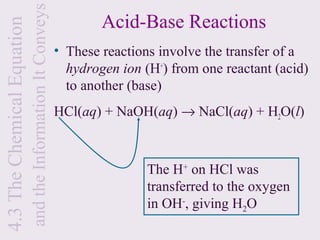 and the Information It Conveys
4.3 The Chemical Equation                                            Acid-Base Reactions
                                                             • These reactions involve the transfer of a
                                                               hydrogen ion (H+) from one reactant (acid)
                                                               to another (base)
                                                             HCl(aq) + NaOH(aq) → NaCl(aq) + H2O(l)



                                                                             The H+ on HCl was
                                                                             transferred to the oxygen
                                                                             in OH-, giving H2O
 