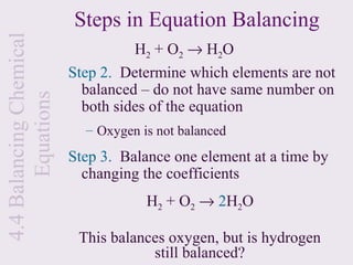 4.4 Balancing Chemical   Steps in Equation Balancing
                                   H2 + O2 → H2O
                         Step 2. Determine which elements are not
                           balanced – do not have same number on
       Equations

                           both sides of the equation
                           – Oxygen is not balanced
                         Step 3. Balance one element at a time by
                           changing the coefficients
                                     H2 + O2 → 2H2O

                          This balances oxygen, but is hydrogen
                                     still balanced?
 